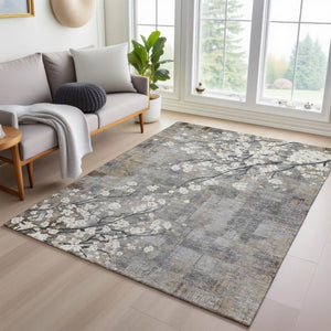 HomeRoots 8' Gray Ivory Silver Floral Washable Area Rug - Durable, Stylish for Indoor & Outdoor Spaces! 640382