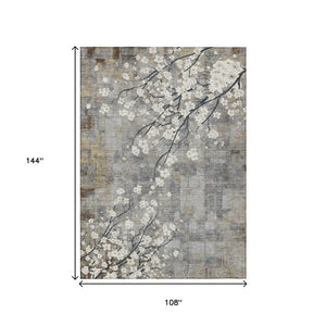HomeRoots 9' X 12' Elegant Gray Ivory Silver Floral Washable Area Rug for Indoor & Outdoor Spaces, Durable 640383
