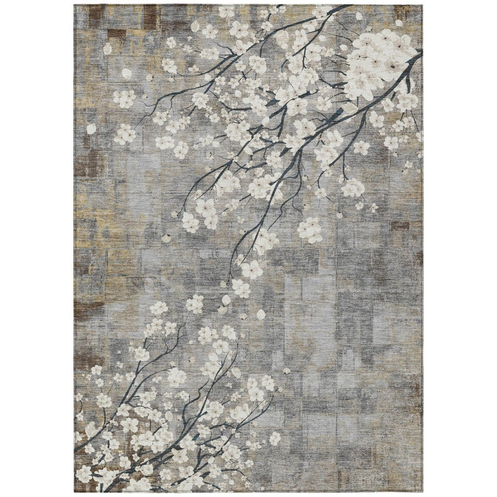 HomeRoots 9' X 12' Elegant Gray Ivory Silver Floral Washable Area Rug for Indoor & Outdoor Spaces, Durable 640383