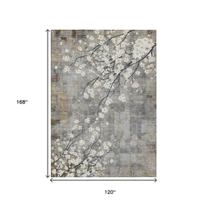 HomeRoots 10' Gray Ivory Silver Floral Area Rug - Washable Indoor Outdoor Design for Durability & Style 640384