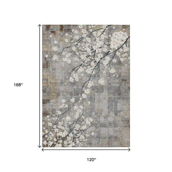 HomeRoots 10' Gray Ivory Silver Floral Area Rug - Washable Indoor Outdoor Design for Durability & Style 640384