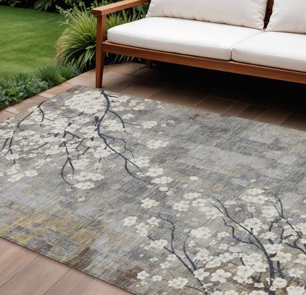 HomeRoots 10' Gray Ivory Silver Floral Area Rug - Washable Indoor Outdoor Design for Durability & Style 640384