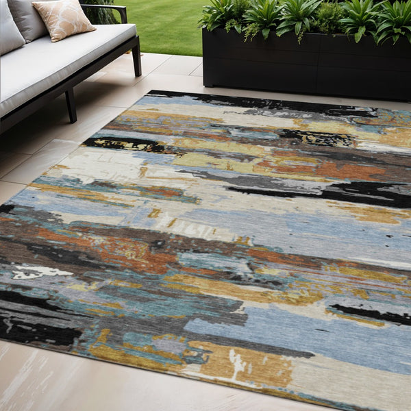 HomeRoots 5' X 8' Black Gold and Blue Abstract Area Rug – Stylish, Washable, Indoor/Outdoor, Easy Care, Durable Design 640386
