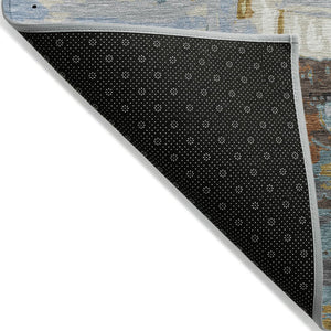 HomeRoots 5' X 8' Black Gold and Blue Abstract Area Rug – Stylish, Washable, Indoor/Outdoor, Easy Care, Durable Design 640386