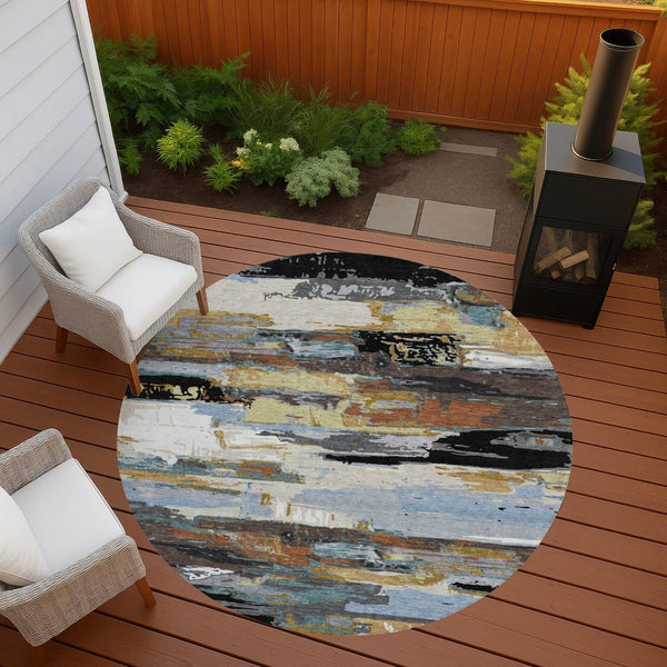HomeRoots 8' Round Abstract Washable Area Rug in Black, Gold & Blue - Stylish, Durable, Indoor/Outdoor Use! 640387