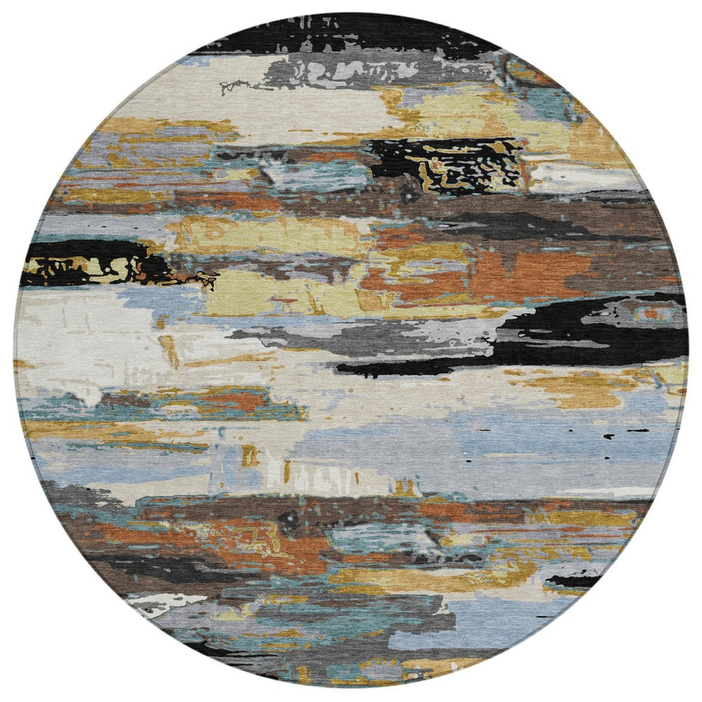 HomeRoots 8' Round Abstract Washable Area Rug in Black, Gold & Blue - Stylish, Durable, Indoor/Outdoor Use! 640387