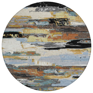 HomeRoots 8' Round Abstract Washable Area Rug in Black, Gold & Blue - Stylish, Durable, Indoor/Outdoor Use! 640387