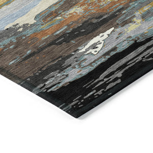 HomeRoots 8' Round Abstract Washable Area Rug in Black, Gold & Blue - Stylish, Durable, Indoor/Outdoor Use! 640387
