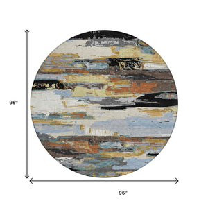 HomeRoots 8' Round Abstract Washable Area Rug in Black, Gold & Blue - Stylish, Durable, Indoor/Outdoor Use! 640387