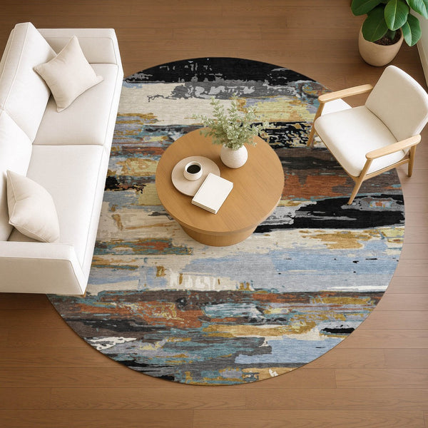 HomeRoots 8' Round Abstract Washable Area Rug in Black, Gold & Blue - Stylish, Durable, Indoor/Outdoor Use! 640387