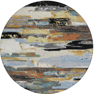 HomeRoots 8' Round Abstract Washable Area Rug in Black, Gold & Blue - Stylish, Durable, Indoor/Outdoor Use! 640387