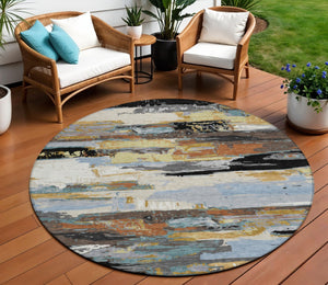 HomeRoots 8' Round Abstract Washable Area Rug in Black, Gold & Blue - Stylish, Durable, Indoor/Outdoor Use! 640387