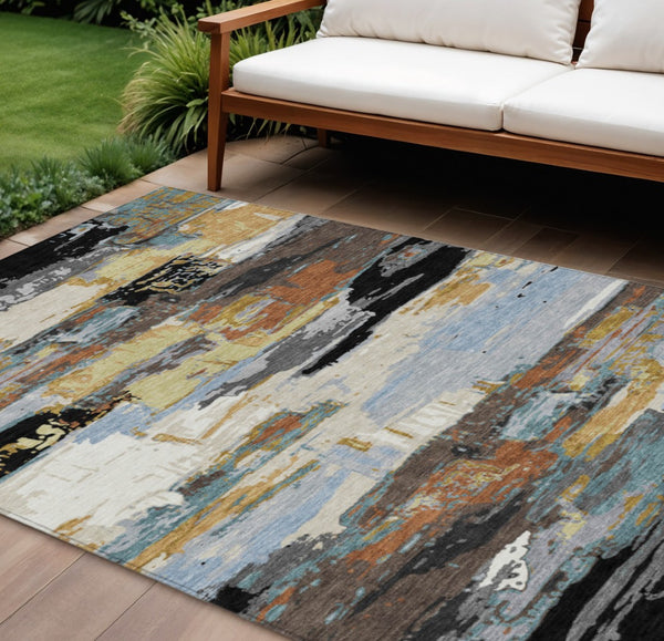 HomeRoots 8' X 10' Abstract Washable Area Rug in Black, Gold & Blue - Stylish, Durable, Perfect for Any Space! 640388