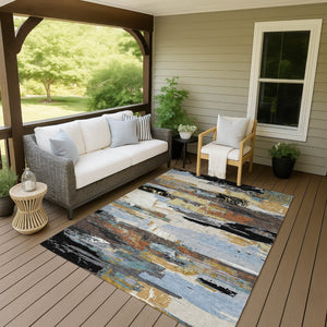 HomeRoots 8' X 10' Abstract Washable Area Rug in Black, Gold & Blue - Stylish, Durable, Perfect for Any Space! 640388