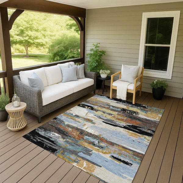 HomeRoots 8' X 10' Abstract Washable Area Rug in Black, Gold & Blue - Stylish, Durable, Perfect for Any Space! 640388