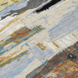 HomeRoots 8' X 10' Abstract Washable Area Rug in Black, Gold & Blue - Stylish, Durable, Perfect for Any Space! 640388