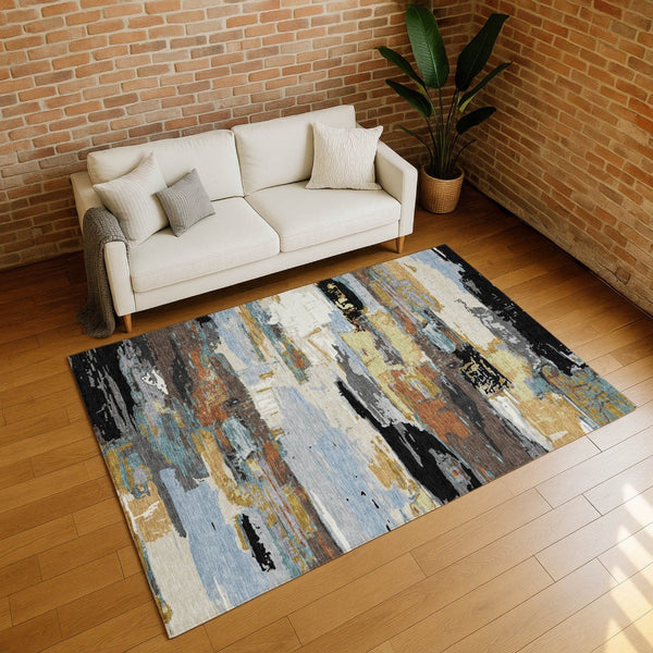 HomeRoots 8' X 10' Abstract Washable Area Rug in Black, Gold & Blue - Stylish, Durable, Perfect for Any Space! 640388