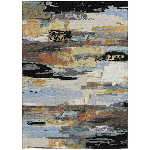 HomeRoots 10' Contemporary Black, Gold & Blue Abstract Washable Area Rug for Indoor/Outdoor Living Spaces 640390