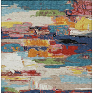 HomeRoots 5' Vibrant Abstract Denim Blue, Green, Red & Orange Washable Indoor/Outdoor Area Rug for Any Space 640392
