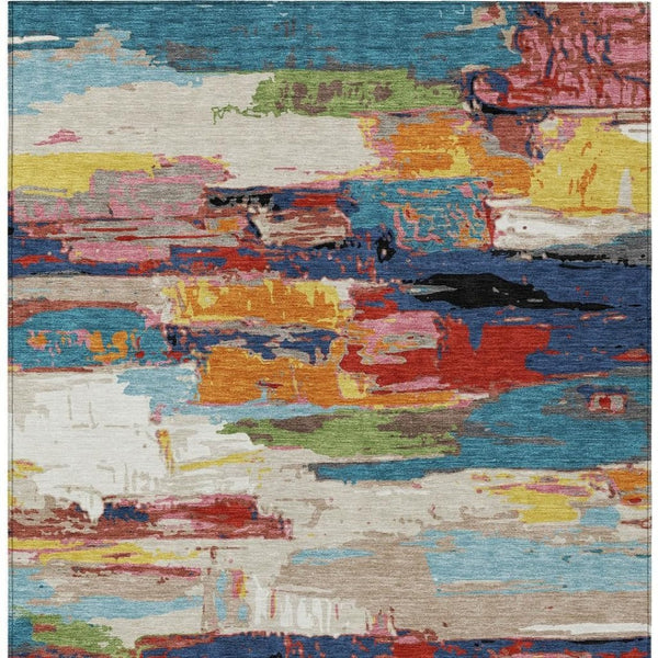 HomeRoots 5' Vibrant Abstract Denim Blue, Green, Red & Orange Washable Indoor/Outdoor Area Rug for Any Space 640392