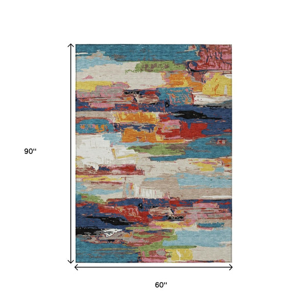 HomeRoots 5' Vibrant Abstract Denim Blue, Green, Red & Orange Washable Indoor/Outdoor Area Rug for Any Space 640392