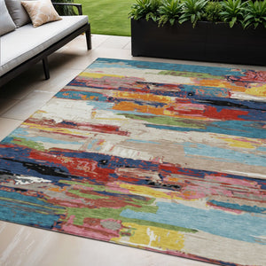 HomeRoots 5' Vibrant Abstract Denim Blue, Green, Red & Orange Washable Indoor/Outdoor Area Rug for Any Space 640392