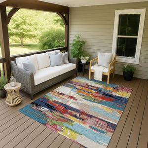 HomeRoots 5' Vibrant Abstract Denim Blue, Green, Red & Orange Washable Indoor/Outdoor Area Rug for Any Space 640392