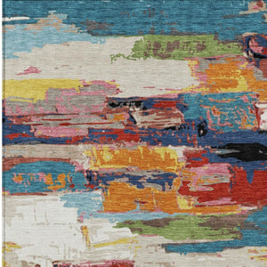 HomeRoots 5' Vibrant Abstract Denim Blue, Green, Red & Orange Washable Indoor/Outdoor Area Rug for Any Space 640392