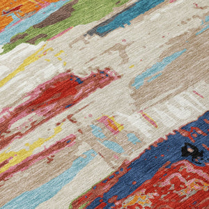 HomeRoots 5' Vibrant Abstract Denim Blue, Green, Red & Orange Washable Indoor/Outdoor Area Rug for Any Space 640392