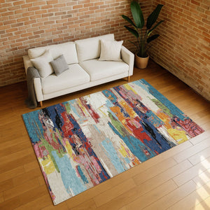 HomeRoots 5' Vibrant Abstract Denim Blue, Green, Red & Orange Washable Indoor/Outdoor Area Rug for Any Space 640392