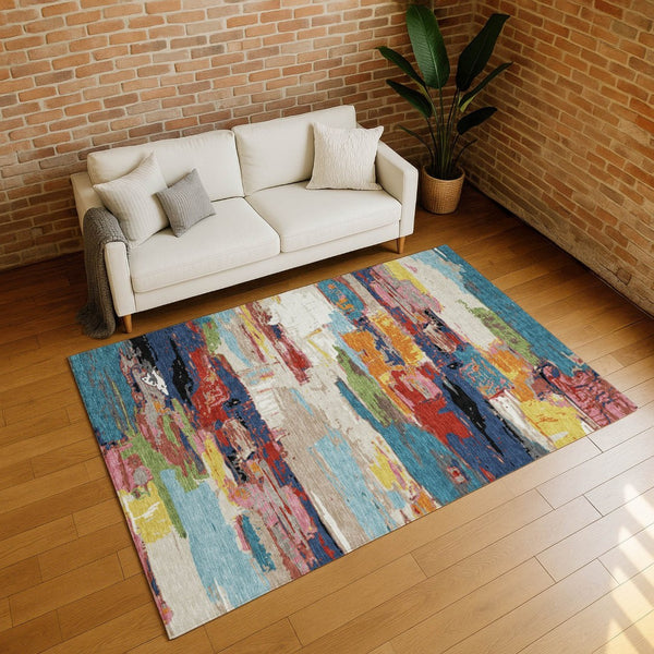 HomeRoots 5' Vibrant Abstract Denim Blue, Green, Red & Orange Washable Indoor/Outdoor Area Rug for Any Space 640392