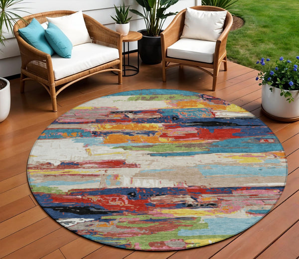 HomeRoots 8' Vibrant Round Abstract Area Rug in Denim Blue, Green, Red & Orange - Indoor/Outdoor Washable Design 640393