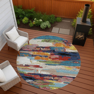 HomeRoots 8' Vibrant Round Abstract Area Rug in Denim Blue, Green, Red & Orange - Indoor/Outdoor Washable Design 640393