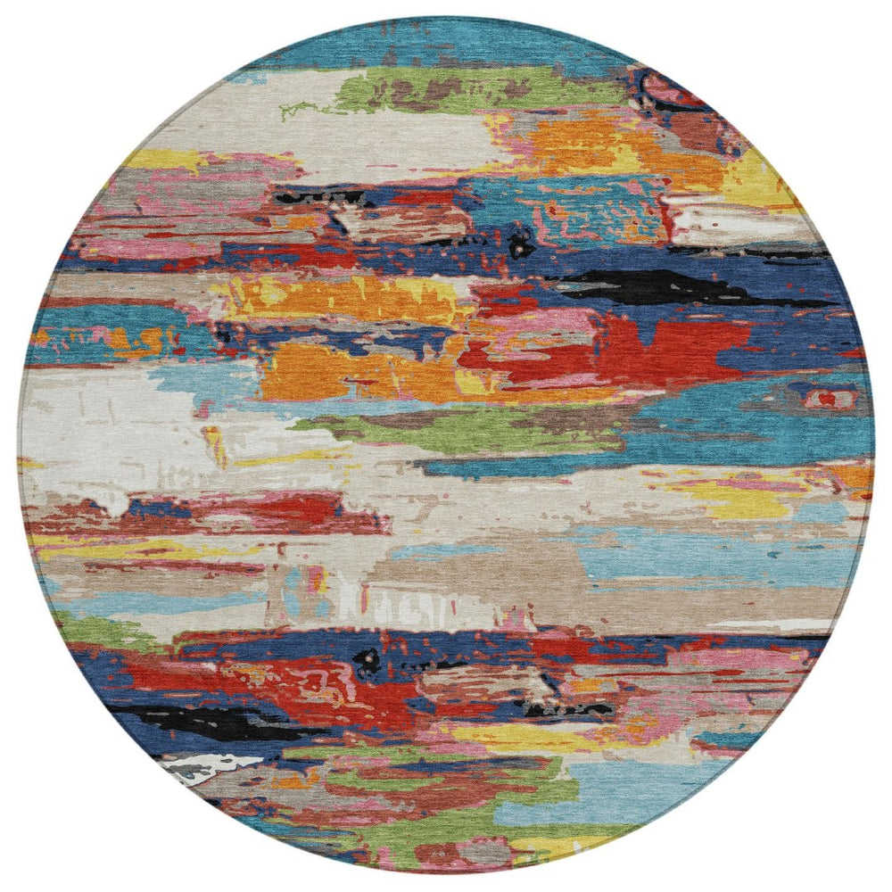 HomeRoots 8' Vibrant Round Abstract Area Rug in Denim Blue, Green, Red & Orange - Indoor/Outdoor Washable Design 640393