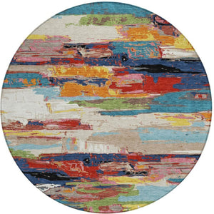 HomeRoots 8' Vibrant Round Abstract Area Rug in Denim Blue, Green, Red & Orange - Indoor/Outdoor Washable Design 640393