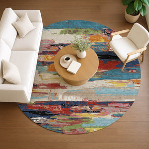 HomeRoots 8' Vibrant Round Abstract Area Rug in Denim Blue, Green, Red & Orange - Indoor/Outdoor Washable Design 640393