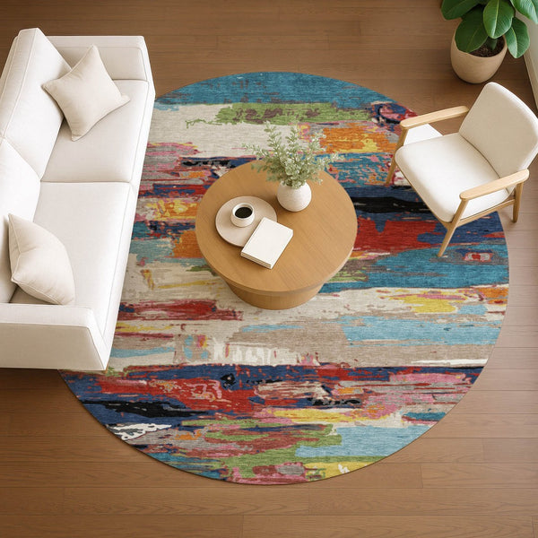 HomeRoots 8' Vibrant Round Abstract Area Rug in Denim Blue, Green, Red & Orange - Indoor/Outdoor Washable Design 640393