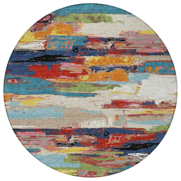 HomeRoots 8' Vibrant Round Abstract Area Rug in Denim Blue, Green, Red & Orange - Indoor/Outdoor Washable Design 640393
