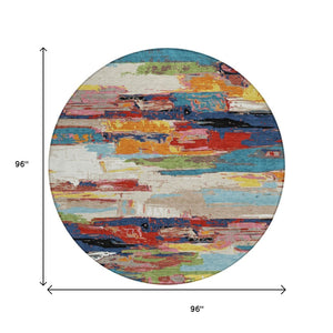 HomeRoots 8' Vibrant Round Abstract Area Rug in Denim Blue, Green, Red & Orange - Indoor/Outdoor Washable Design 640393