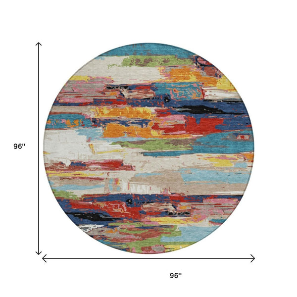 HomeRoots 8' Vibrant Round Abstract Area Rug in Denim Blue, Green, Red & Orange - Indoor/Outdoor Washable Design 640393