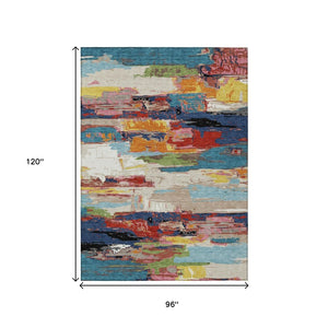 HomeRoots 8' Contemporary Abstract Washable Area Rug in Denim Blue, Green, Red & Orange for Indoor/Outdoor Use 640394