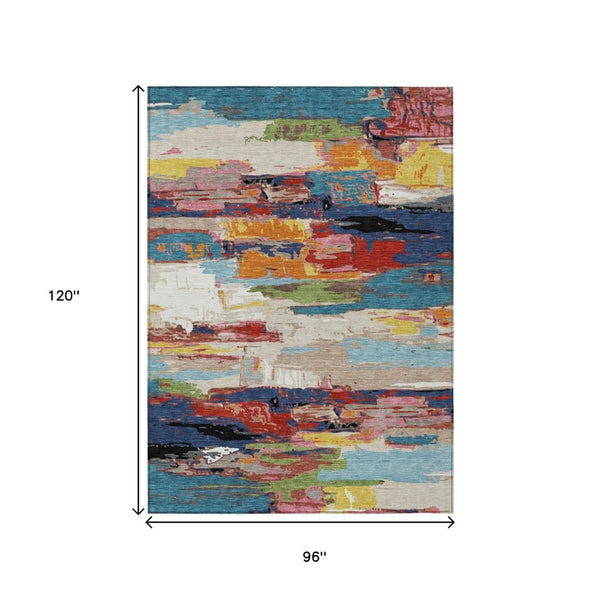 HomeRoots 8' Contemporary Abstract Washable Area Rug in Denim Blue, Green, Red & Orange for Indoor/Outdoor Use 640394