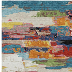 HomeRoots 9' Vibrant Abstract Washable Area Rug in Denim Blue, Green, Red & Orange for Indoor/Outdoor Use 640395