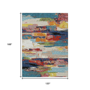 HomeRoots 10' Vibrant Abstract Area Rug in Denim Blue, Green, Red & Orange – Durable, Washable, Indoor/Outdoor Use 640396