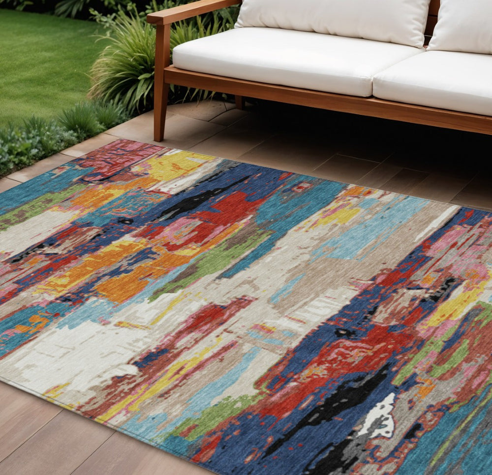 HomeRoots 10' Vibrant Abstract Area Rug in Denim Blue, Green, Red & Orange – Durable, Washable, Indoor/Outdoor Use 640396