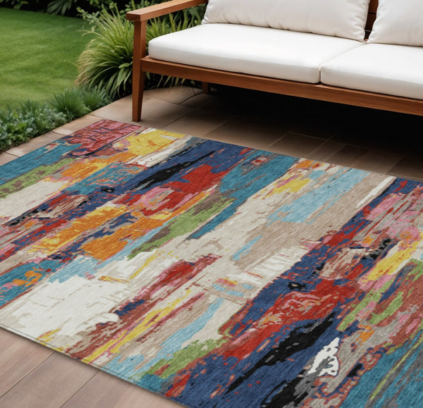 HomeRoots 10' Vibrant Abstract Area Rug in Denim Blue, Green, Red & Orange – Durable, Washable, Indoor/Outdoor Use 640396