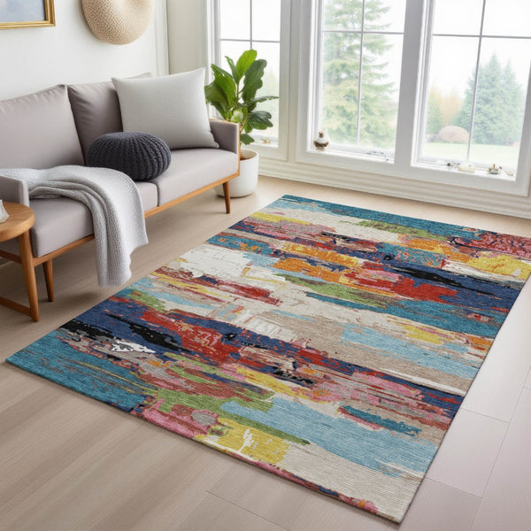 HomeRoots 10' Vibrant Abstract Area Rug in Denim Blue, Green, Red & Orange – Durable, Washable, Indoor/Outdoor Use 640396
