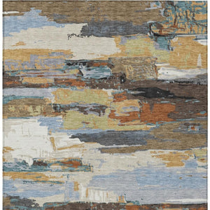HomeRoots 5' Modern Abstract Area Rug in Brown, Blue, Ivory & Gold - Washable for Indoor/Outdoor Use, Durable Design 640398