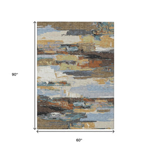 HomeRoots 5' Modern Abstract Area Rug in Brown, Blue, Ivory & Gold - Washable for Indoor/Outdoor Use, Durable Design 640398