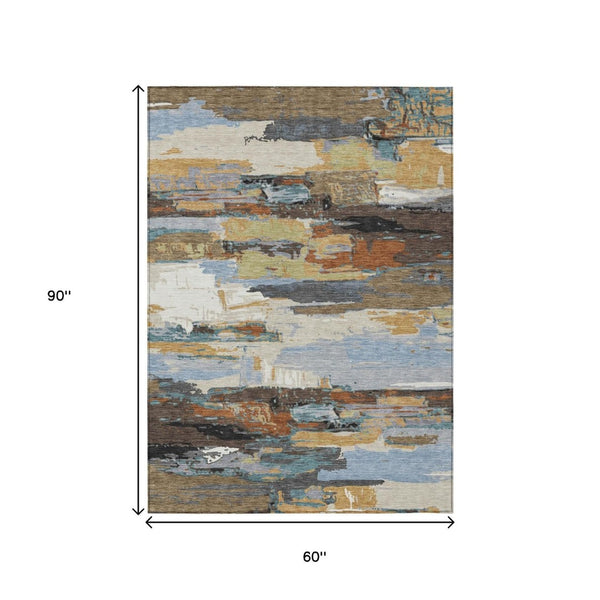 HomeRoots 5' Modern Abstract Area Rug in Brown, Blue, Ivory & Gold - Washable for Indoor/Outdoor Use, Durable Design 640398